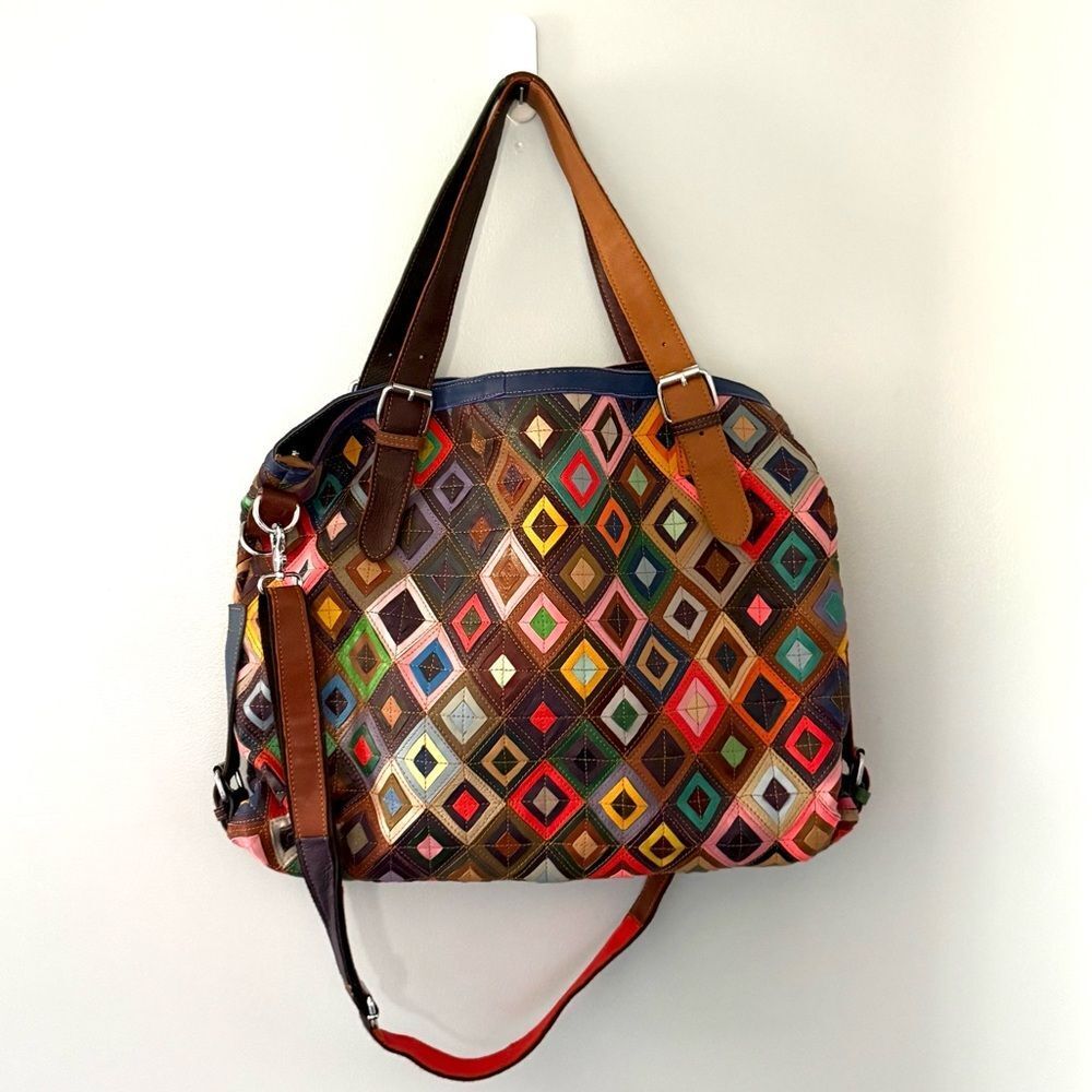 Amerileather Bailey Rainbow Patchwork Leather Tote Bag Geometric Shapes